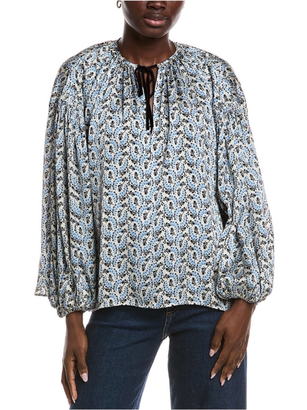 Maje Blue and‎ Black Floral Tie-Neck Peasant Blouse size 1